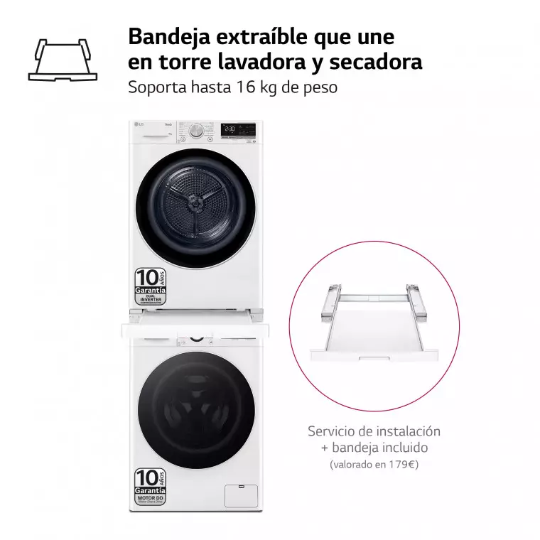 LG Torre de Lavado, Blanca, Lavadora inteligente 9kg, 1400rpm, 10% más eficiente que A + Secadora 8kg, A+++, TORRE0908KG.SET